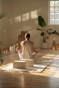 Yoga practice with blocks enhancing flexibility and balance in a serene studio environment