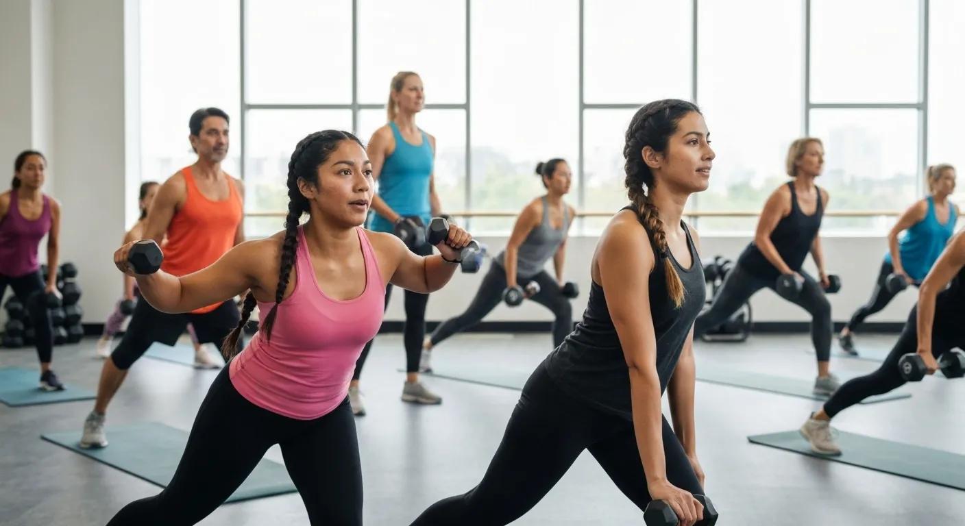 Participants in a community fitness class supporting each other during a workout