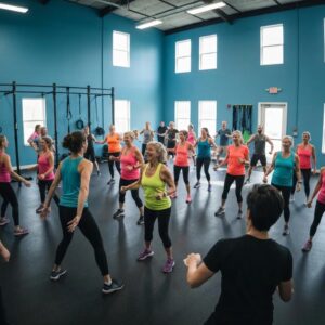 Diverse group of people exercising in a gym, highlighting community and fitness engagement