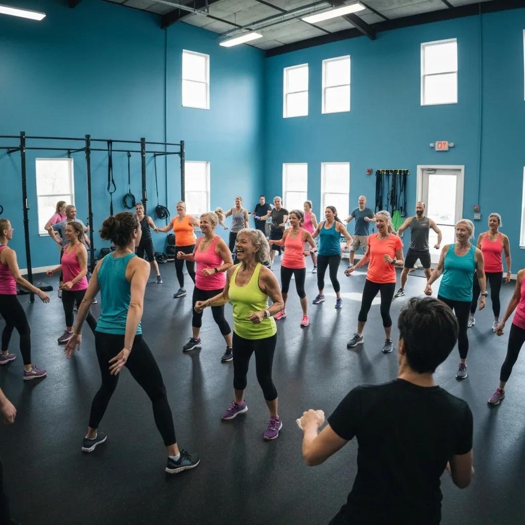 Diverse group of people exercising in a gym, highlighting community and fitness engagement