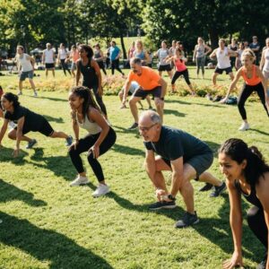 Group of diverse individuals participating in an outdoor block fitness program