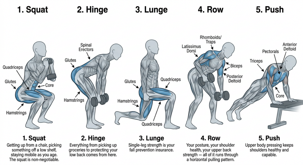 The 6 fundamental strength training movements — squat, hinge, push, pull, lunge, and carry at Block Fitness in Tucson