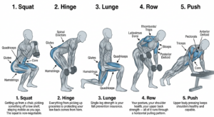 The 6 fundamental strength training movements — squat, hinge, push, pull, lunge, and carry at Block Fitness in Tucson