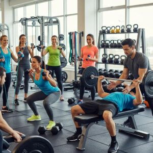 Beginners engaging in block workout routines in a gym, showcasing strength training exercises