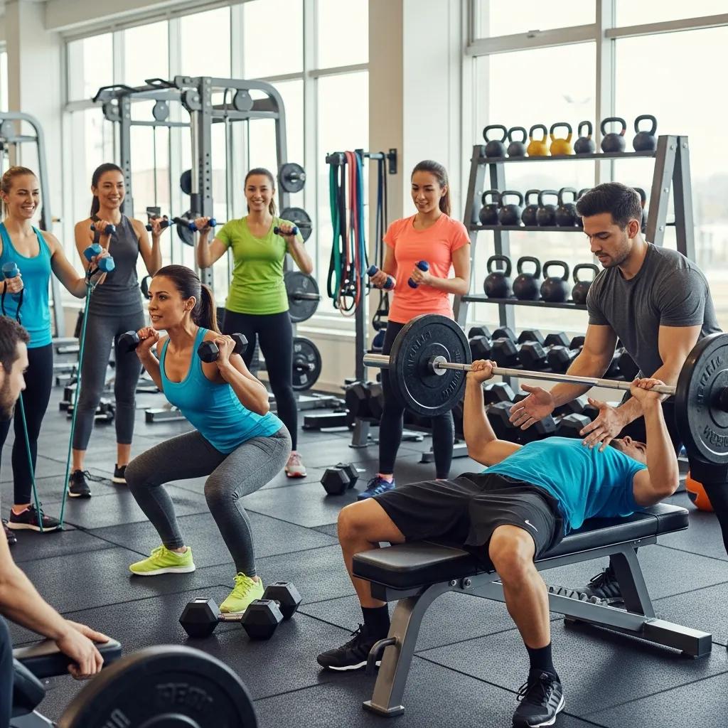 Beginners engaging in block workout routines in a gym, showcasing strength training exercises