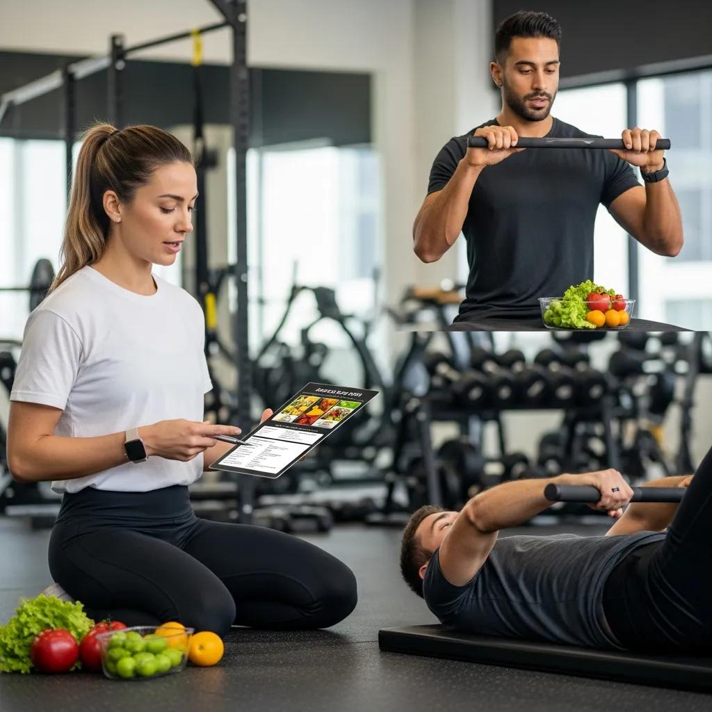 Nutrition coach and personal trainer collaborating with a client in a modern gym, highlighting integrated fitness and nutrition