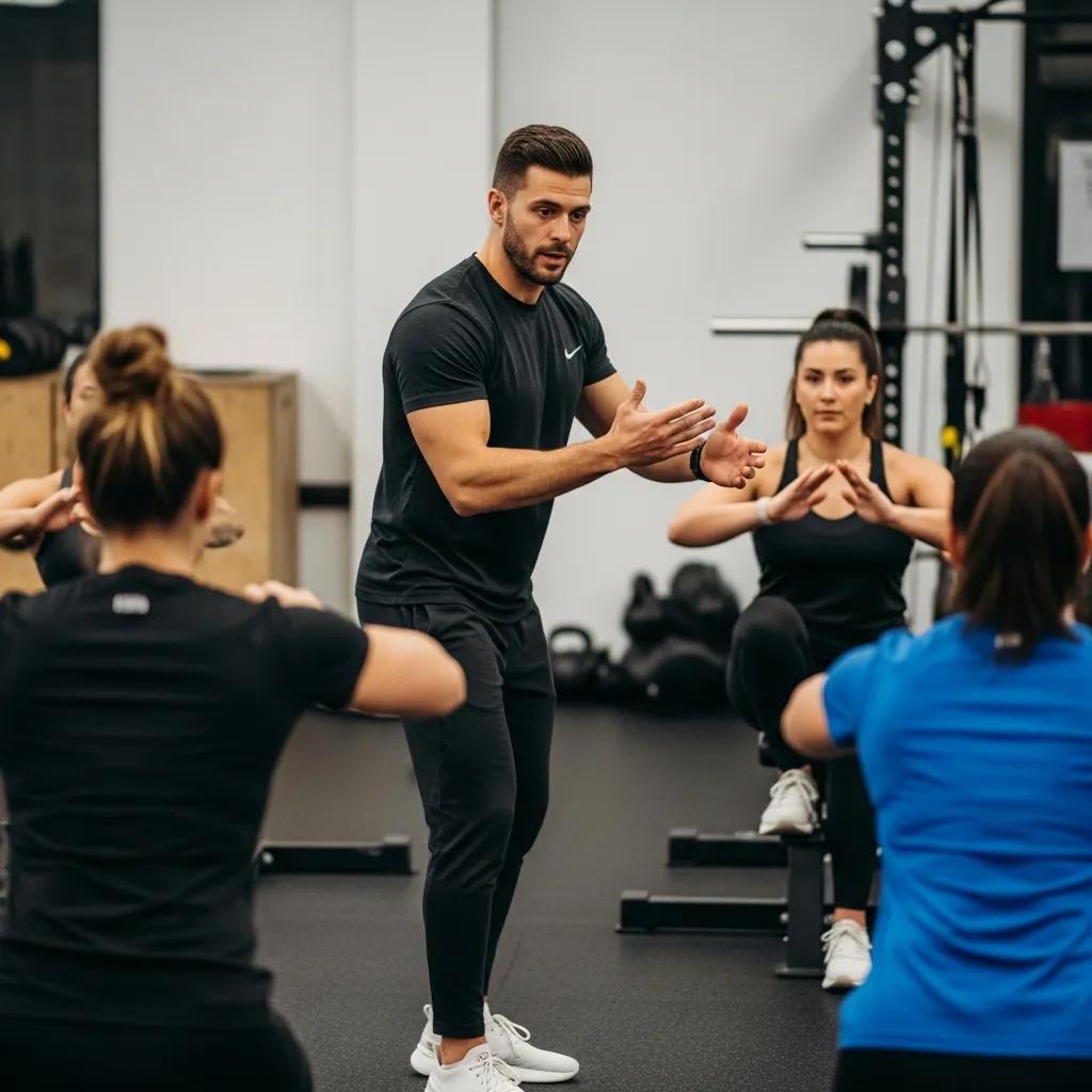 Certified coach demonstrating customized exercise to participants in a fitness class