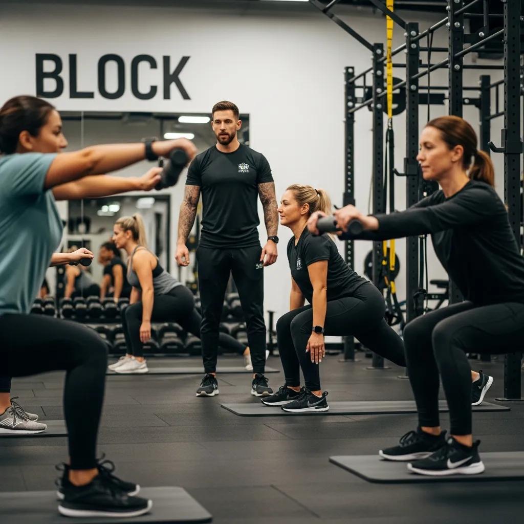 Group training session at Block Fitness Collective with a personal trainer and clients