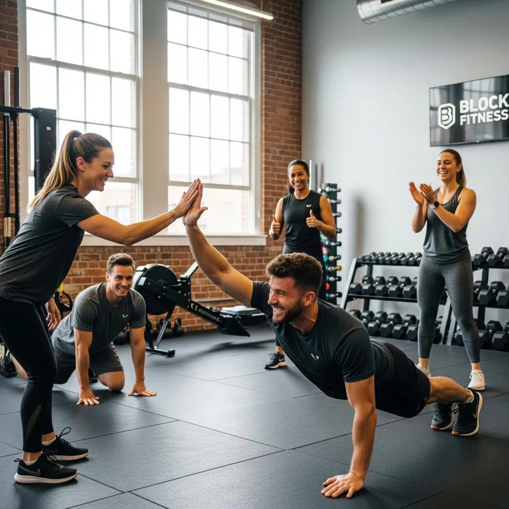 Participants encouraging each other in a small group training session, showcasing community support