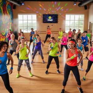 Participants enjoying a high-energy Zumba class in a vibrant fitness studio