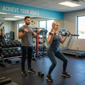 Personal trainer assisting a client in a fitness studio in Oro Valley, AZ