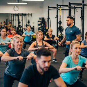 Small group training session with diverse participants and a coach in a fitness studio