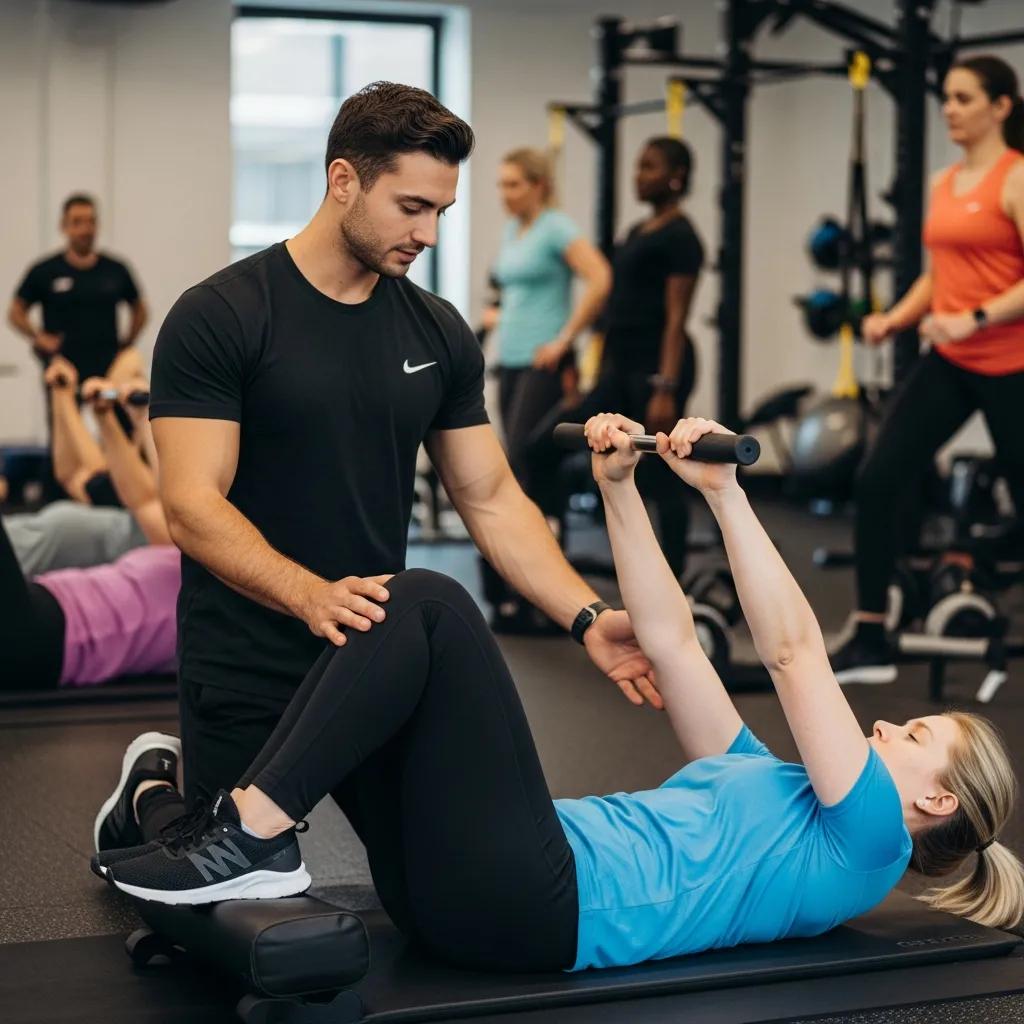 Semi-Private Training in Oro Valley, AZ 3 Trainer assisting a client with injury recovery exercises in a supportive fitness environment