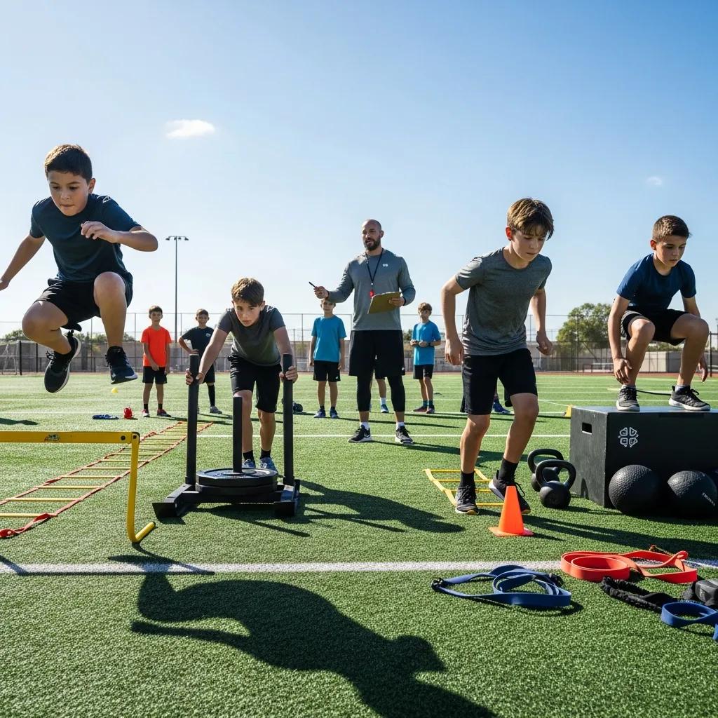 Youth athletes engaged in specialized training drills for performance enhancement and conditioning