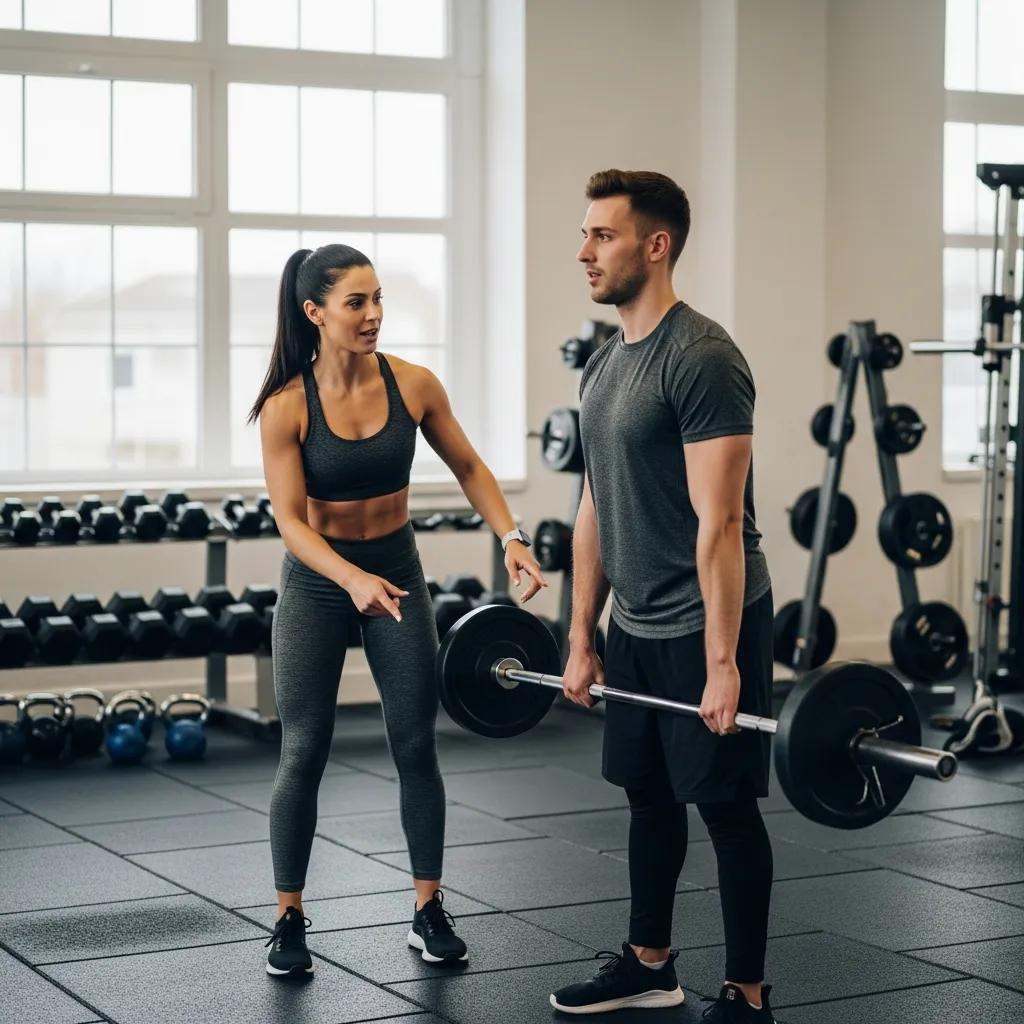 Certified trainer demonstrating proper exercise techniques to a client in a gym