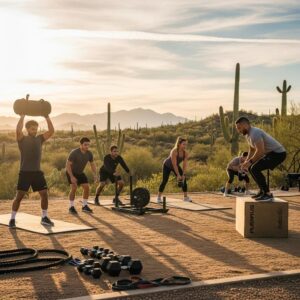 Group of diverse individuals engaged in functional fitness training outdoors in Oro Valley, AZ