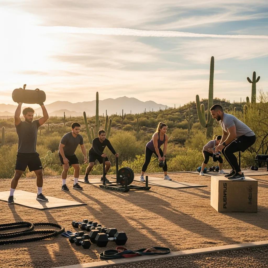Group of diverse individuals engaged in functional fitness training outdoors in Oro Valley, AZ