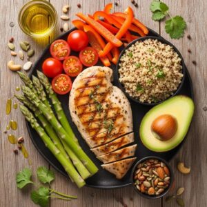 Healthy foods for muscle building including lean proteins, complex carbohydrates, and healthy fats