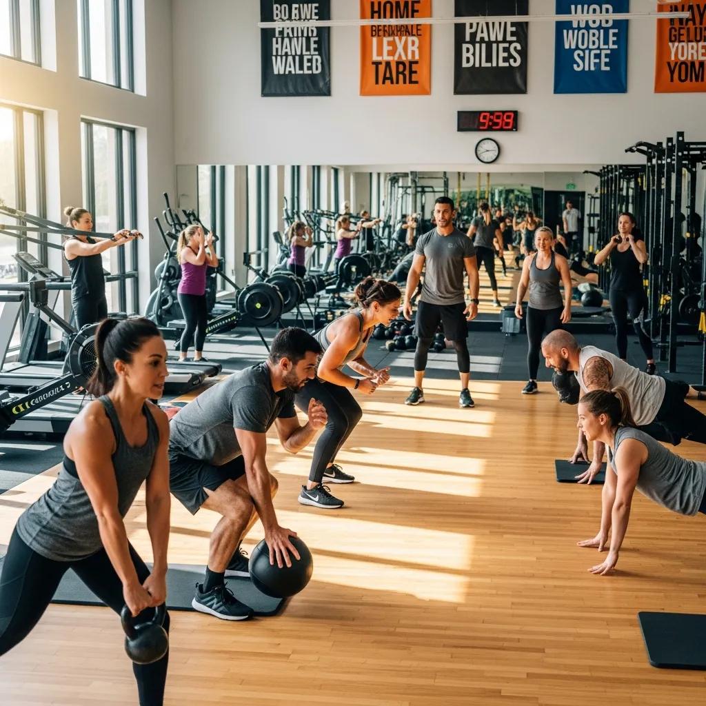 Participants engaging in a lively group fitness class focused on functional exercises