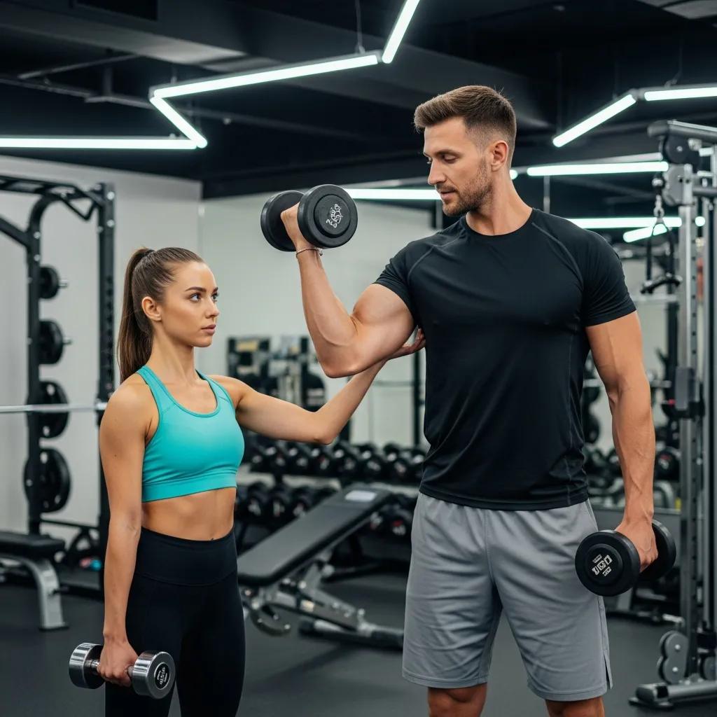 Personal trainer demonstrating strength training techniques to a client in a gym