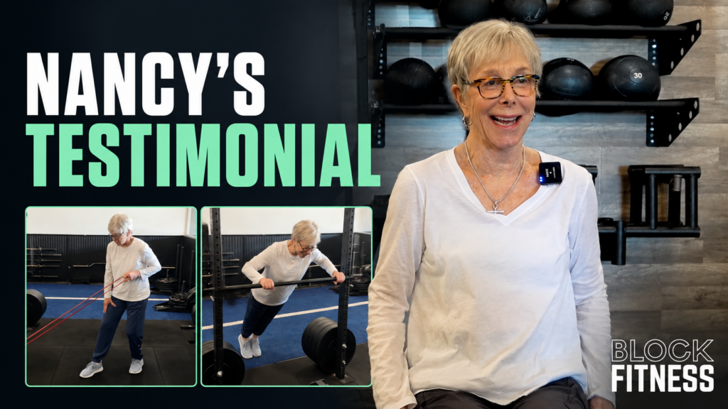 80-year-old woman doing strength training at Block Fitness after spinal fusion