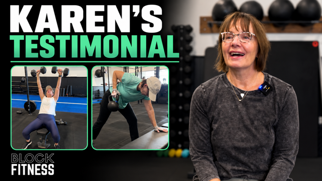 Karen smiling after a strength training session at Block Fitness, celebrating playing 18 holes of golf
